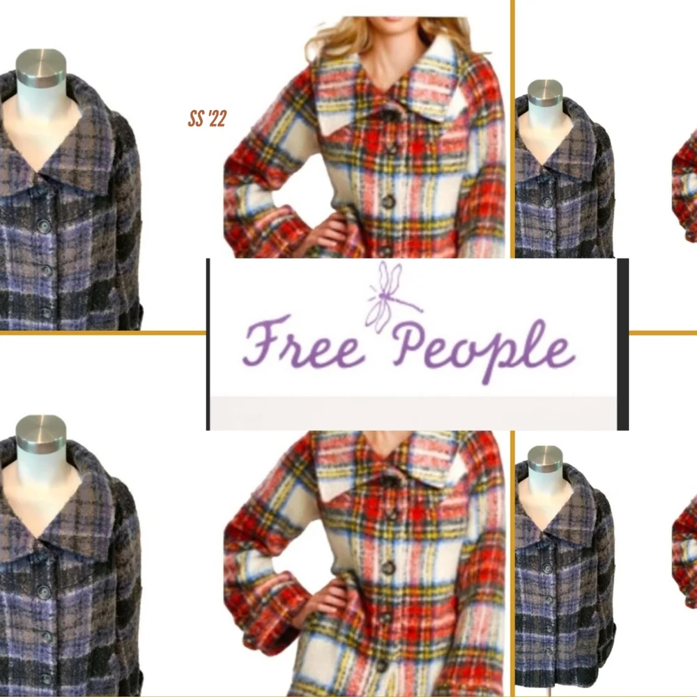 FREE PEOPLE Brushed Wool Fuzzy  Plaid Coat Blue Purple Medium